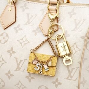 Authentic Louis Vuitton Padlock & Key Gold ✨Unbranded Tweed Bag Charm Keychain